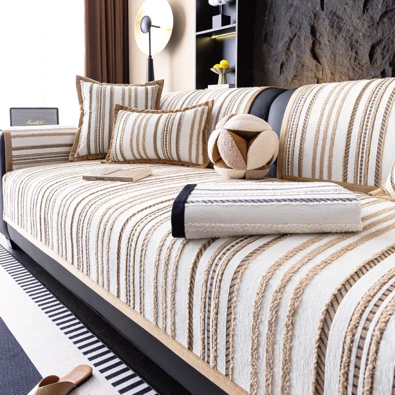 

1PC Light Luxury Chenille Sofa Cover Stripes Simple Sofa Mat Towel Four Seasons Universal Non-slip Couch Cover for Living Room