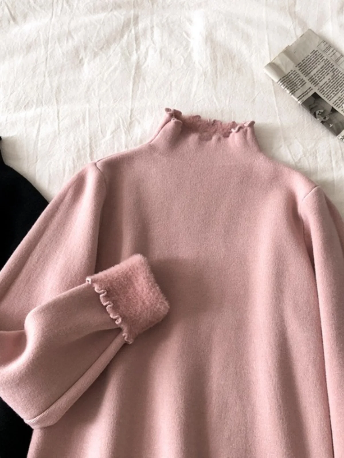 티엔드 플러피 니트 스웨터 여성용 롱 스웨터 하이 칼라 안감 겨울 따뜻한 컬러 출퇴근용