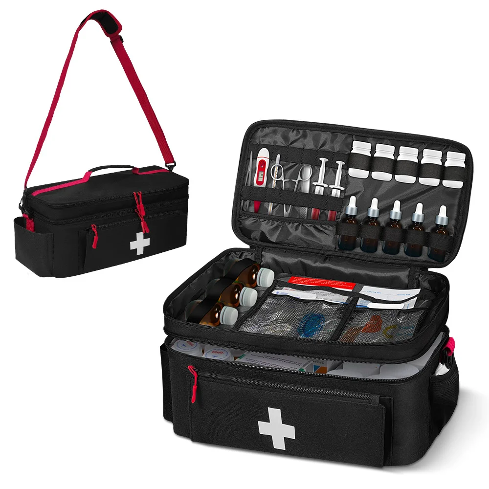 Large Capacity Travel Medicine Storage Bag, Portable Emergency Kit, Double-layered Design, Front Pouch, Multiple Ways To Carry