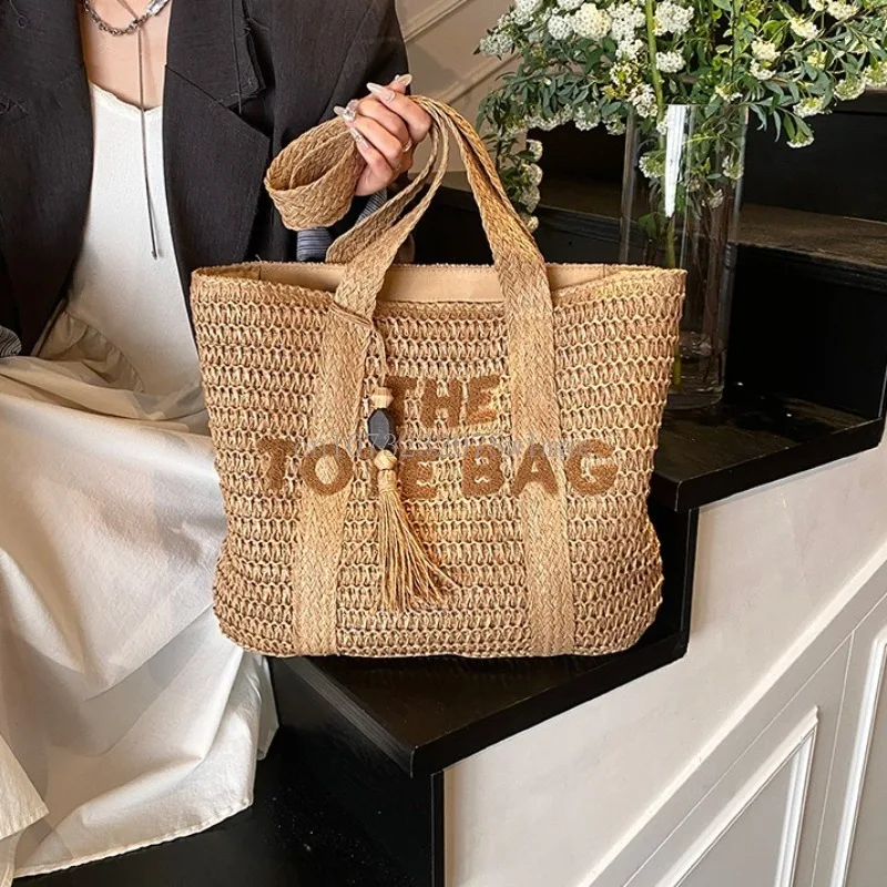 

Summer Fashion Women's Large Capacity Shoulder Bag Straw Woven Bag Letter Embroidery Handbag Casual Female Tote Bag Beach Bags