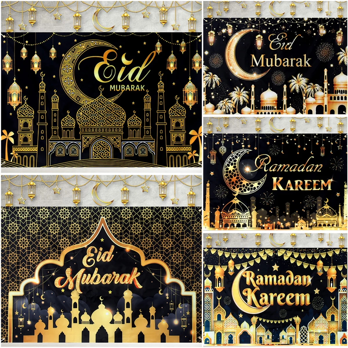 

Eid Mubarak Backdrop Ramadan Kareem Background Photo Booth Moon Star Castle Pattern Background for Home Backyard Ramadan Decors