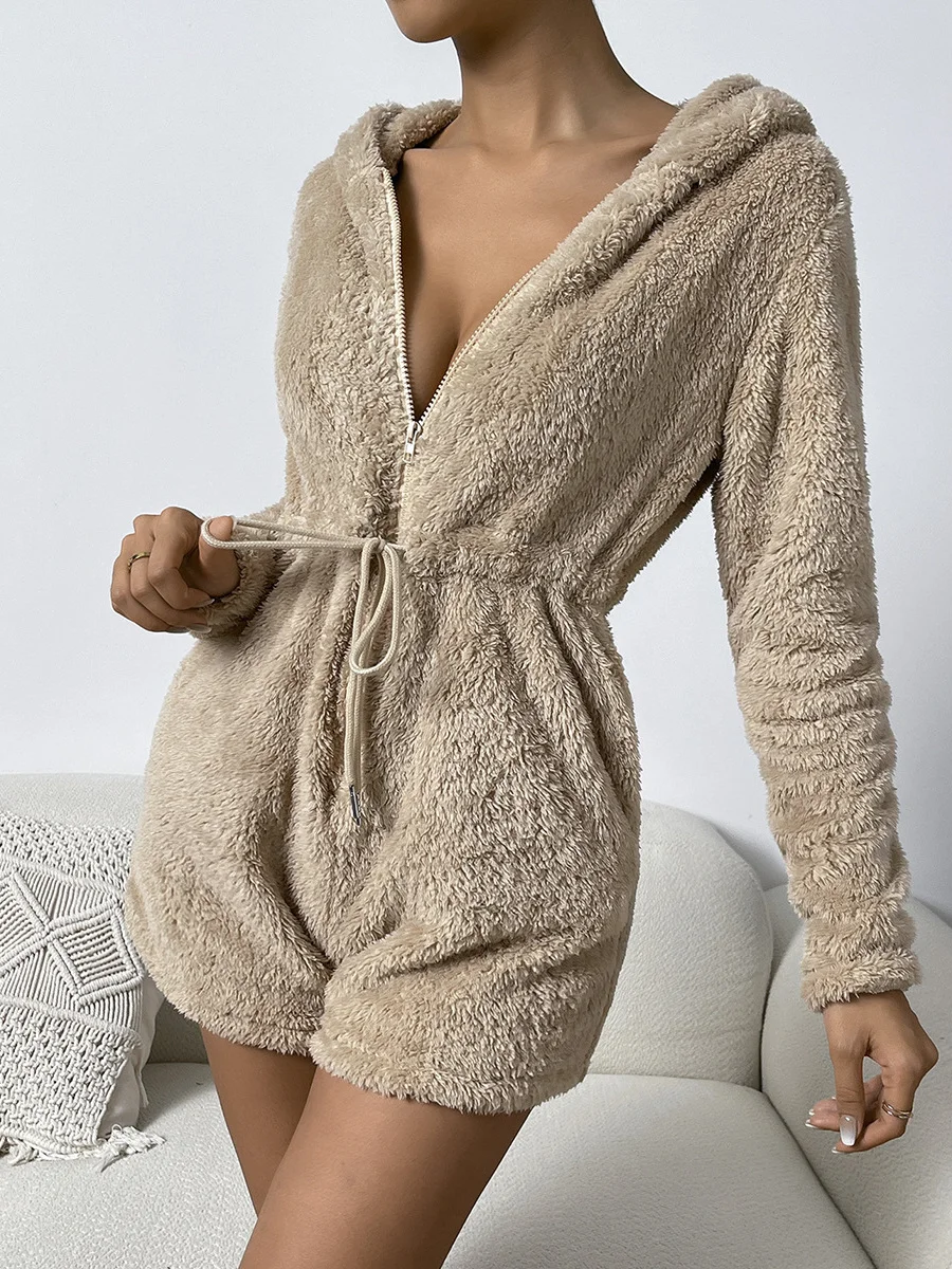 Autumn Winter Cute Fluffy Flannel Pajamas Romper Long-Sleeve Drawstring Zipper Hat Warm Women Sleepwear Overalls Homewear