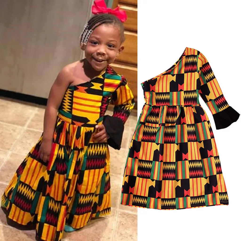 Toddler Kids Baby Girl Sloping Shoulder African Dress Party Dashiki Clothes 2024 Summer Casual Wear Hot Sale Vestido