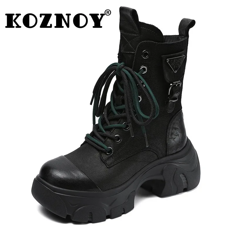 Koznoy 7cm Genuine Leather Moccasins Women Autumn Winter Plush Boots Ladies Booties Retro Calf Chimney Motorcycles Spring Shoes