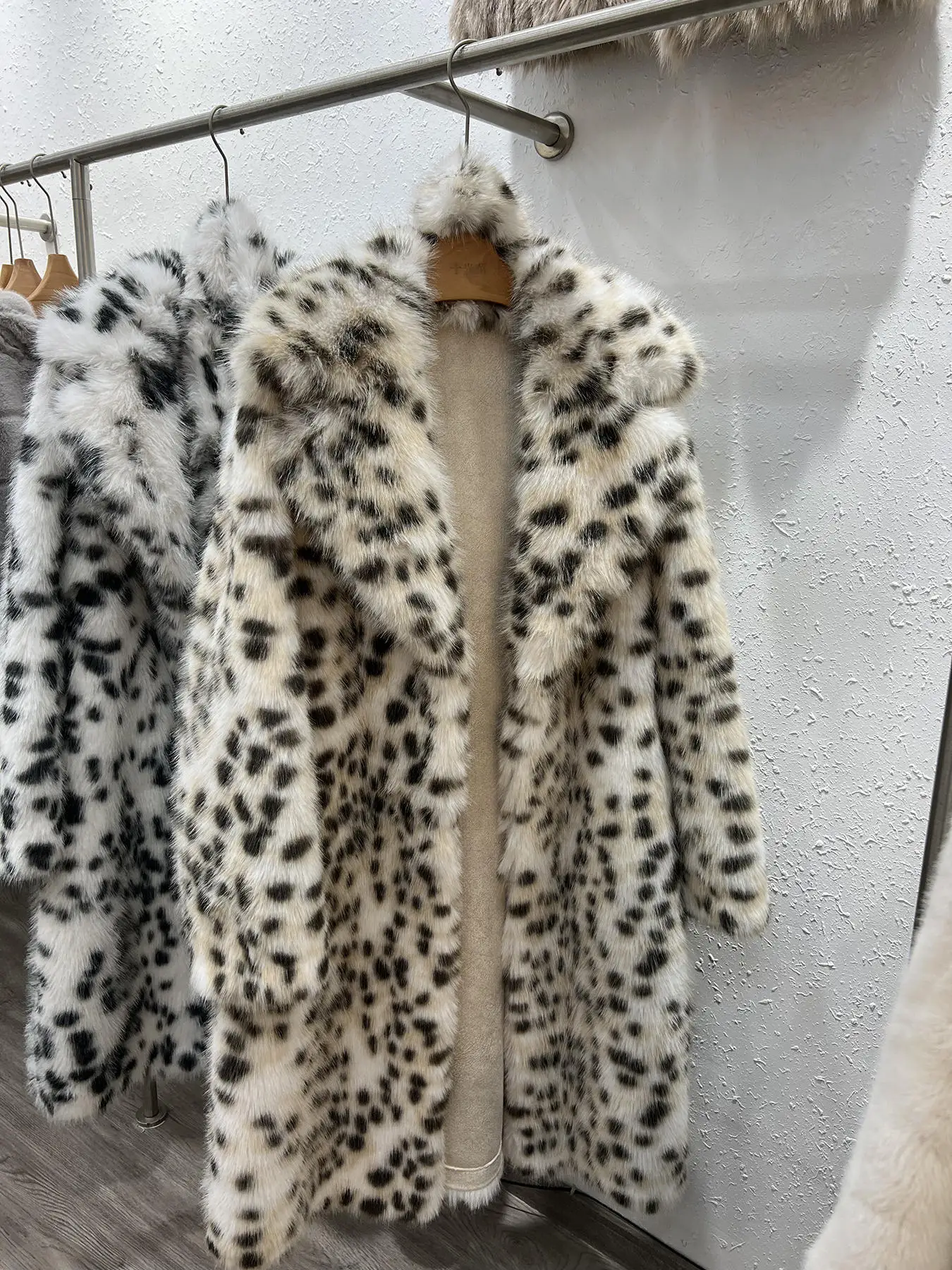 2 Colors Women Faux Mink Fur Long Trench Winter Thick Keep Warm Dot Leopard Straight Tube Streetwear Loose Thick Cardigan Coat