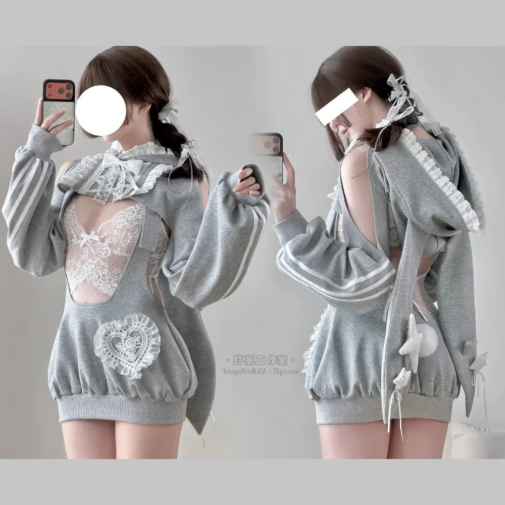 Original Gray Rabbit Sportswear Cosplay Set - Cute Japanese Lace Gymnastics Bodysuit with Detachable Hoodie Anime Jumpsuit view 3