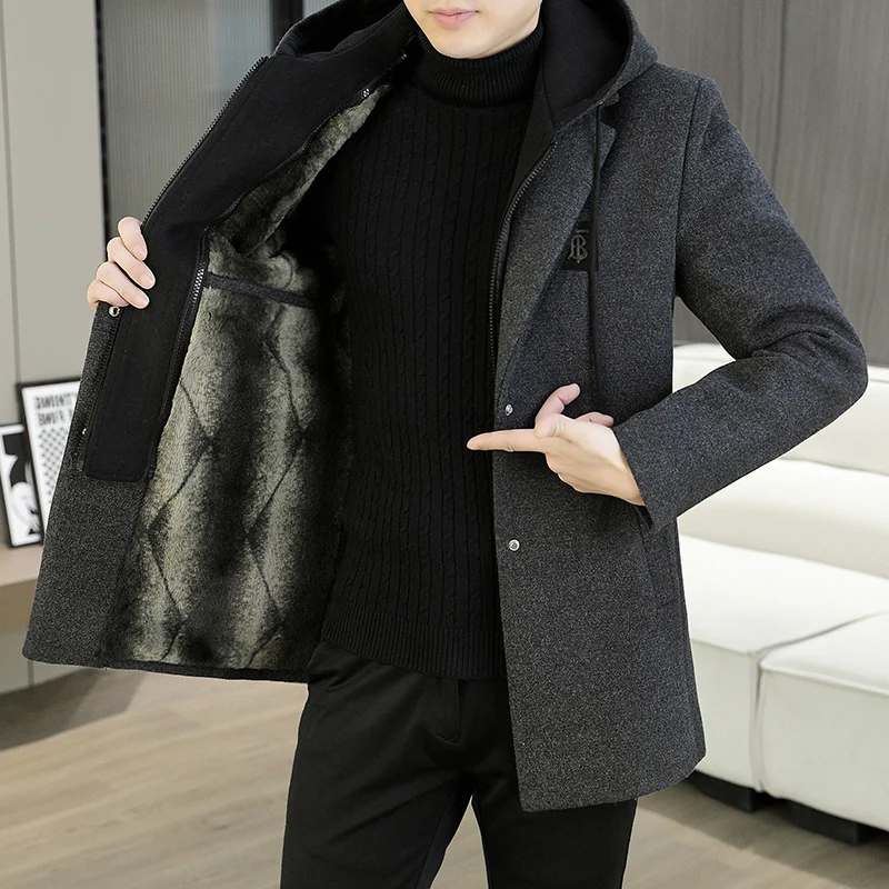 Korean Hooded Woolen Jackets Men Thick Warm Trench Coat Fashion Medium Length Casual Business Overcoat Streetwear Windbreaker