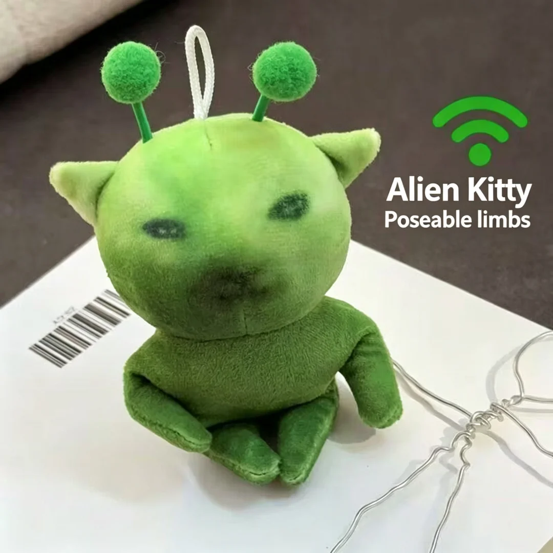 Green Alien Cat Plushie Cute Funny Creative Transformable Face Stuffed Animal Cat Doll Keychain Bag Pendant For Kids Girls