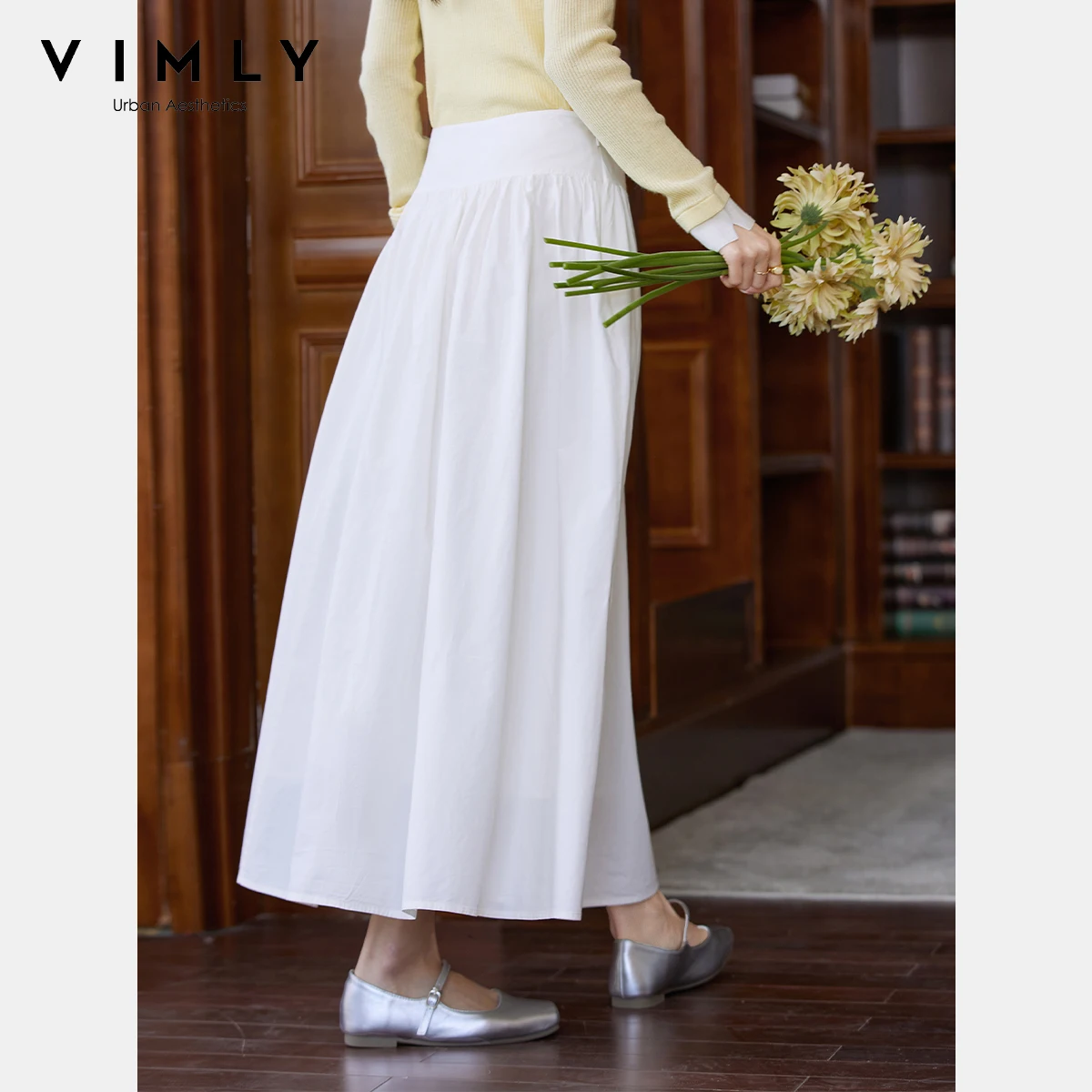 

VIMLY Women's Cotton Skirt Spring 2025 Solid Sunlight White A-Line Folds Lined Ankle-length Skirt Office Lady A0121