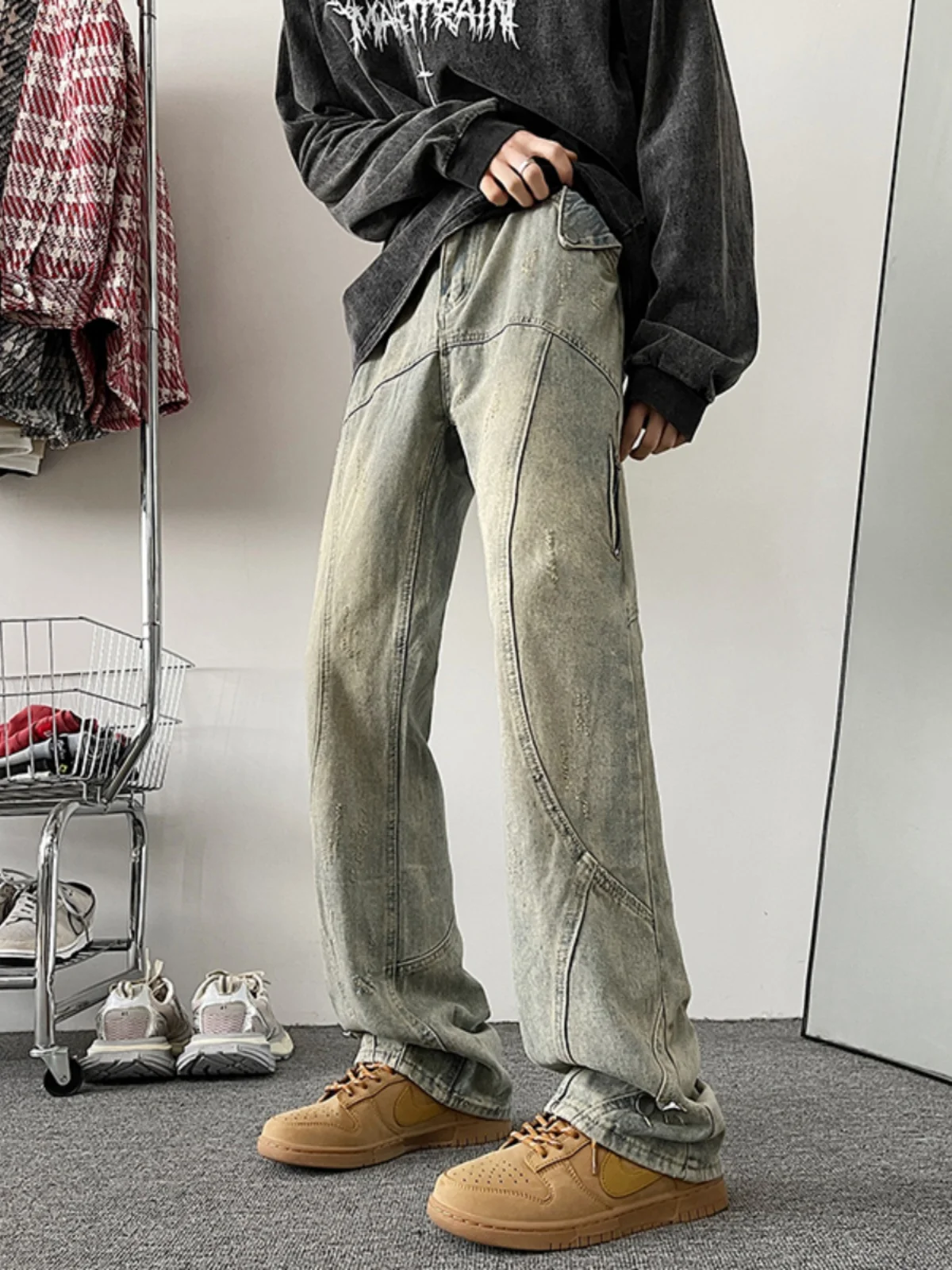 

Американская рабочая одежда в стиле ретро, джинсы, мужские и женские весенне-осенние элитные прямые расклешенные длинные брюки с завышенной талией