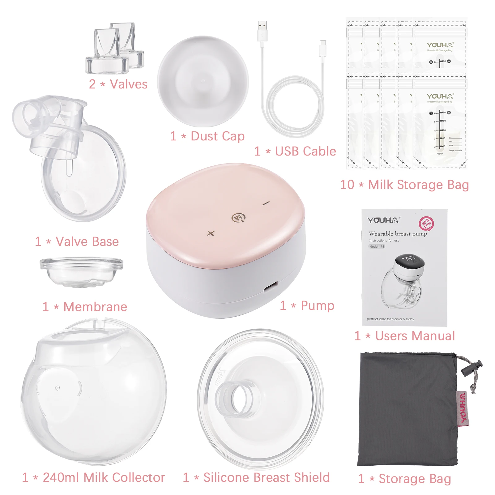 YOUHA P3 Wearable Breast Pumps Hands Free Electric Breast Pump Low Noise Comfort Milk Collector for Breastfeeding BPA-free