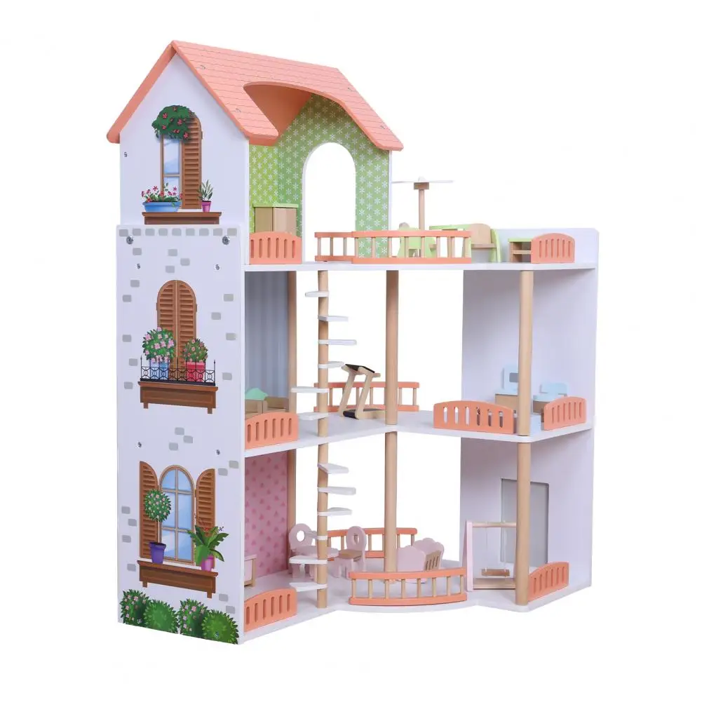 

Dollhouse Kit, Girls Play House Toy, House Cottage Toy Set, 3-Story Wooden DIY Pretend Play Doll House with Furniture Accessorie