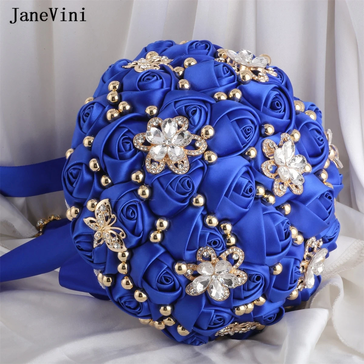 JaneVini 21cm Bride Bouquet Royal Blue Flowers Luxury Rhinestone Crystal Navy Bridal Wedding Bouquet Accesorios Para Bodas Novia