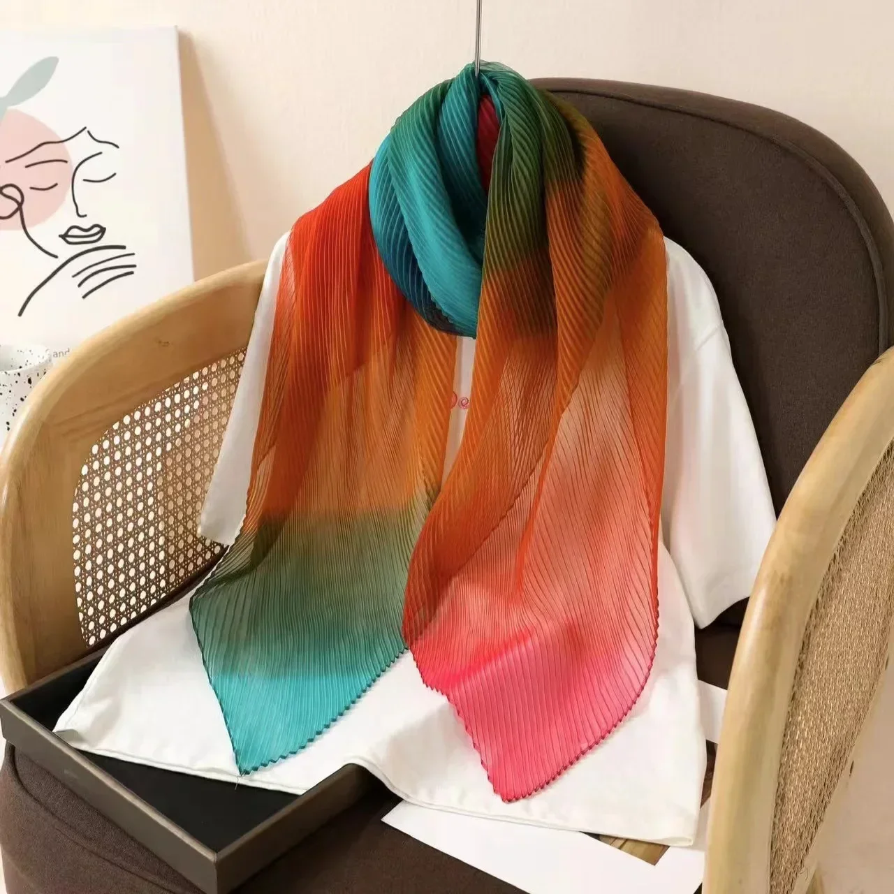 New Rainbow Gradient Scarf Summer Fashion Colorful Crease Multi functional Scarf Versatile Shawl Thin Beach Scarf