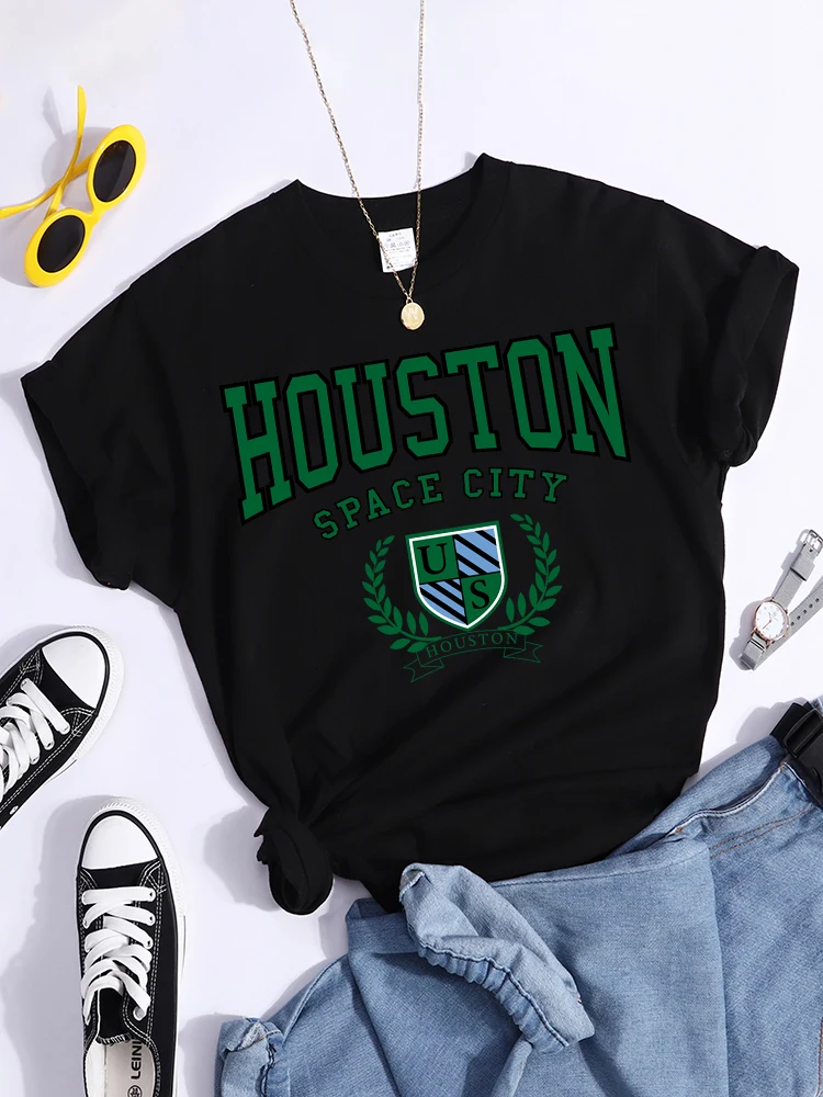 Bouston Space City Print Woman Tshirts Vintage Loose T-Shirts Niche Vintage Individual Top Tee Tshirt Short Sleeve Casual Tshirt