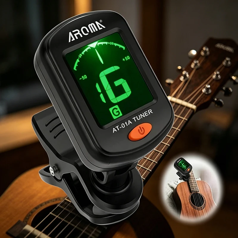 AROMA AT-01A Guitar Tuner Clip-On Tuner, High Sensitivity 360° Rotate, 5 Tuning Modes, Multifunctional Pitch Corrector