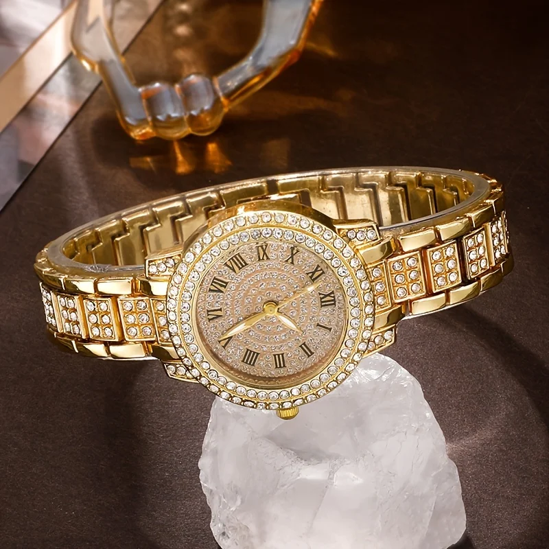 Glamoureuze Dames Strass Quartz Horloge En Sieraden Set - Hiphop Chic, Analoog Display, 7-delig Cadeau Voor Mama, Haar