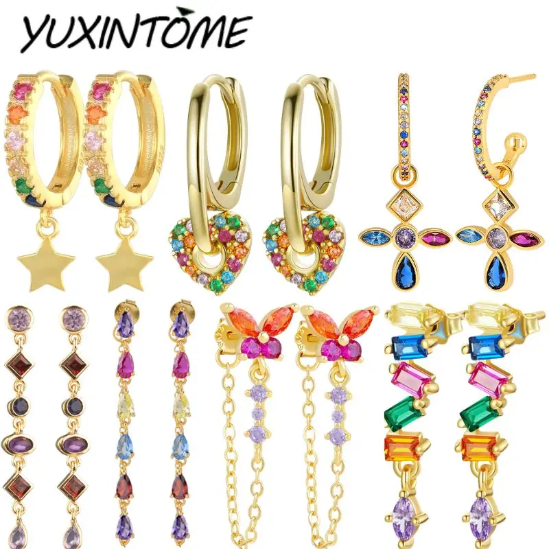 

925 Sterling Silver Ear Needle Colorful Zircon Fine Stud Earrings for women drop tassel pendant Earrings Fashion Wedding Jewelry