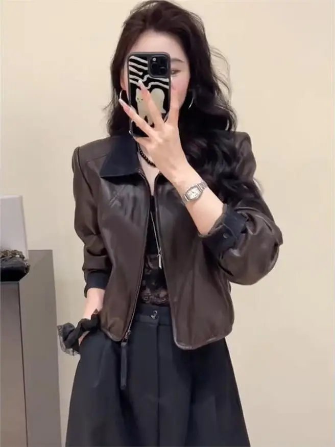 

Женская укороченная кожаная куртка в стиле ретро, свободного кроя, из искусственной кожи, с застежкой-молнией, модная, с длинными рукавами, стандартной длины