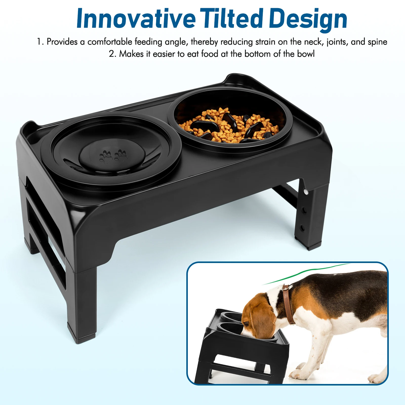 Elevated Dog Bowls, 2-in-1 Raised Slow Feeder Dog Bowls Stand with Anti Spill Water Bowl 4 Height for Large Medium Dogs,