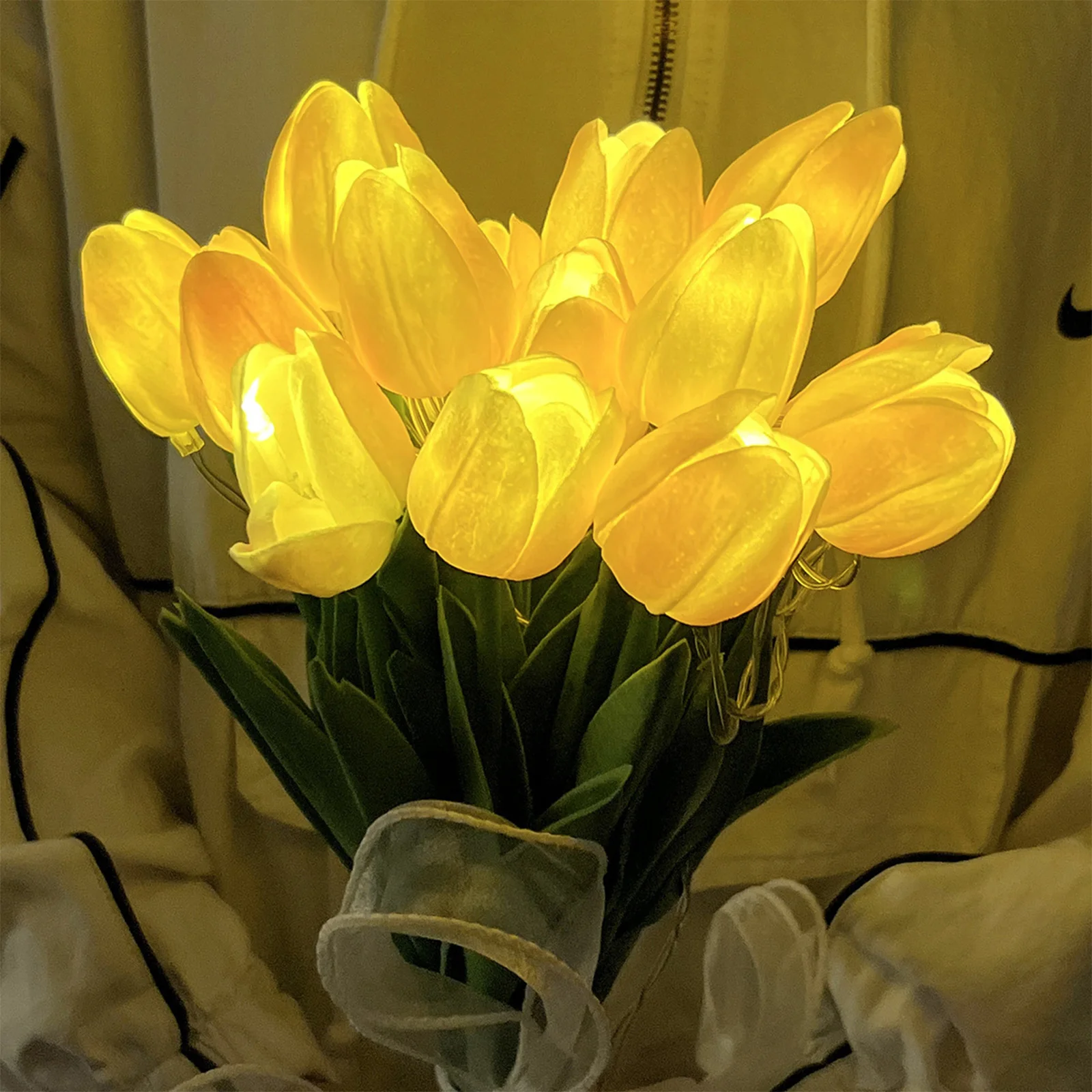 10/15pcs LED Lighted Artificial Flowers Tulip Lamp with Vase Flower Table Lamp Easter Home Kitchen Wedding Dining Table Decor