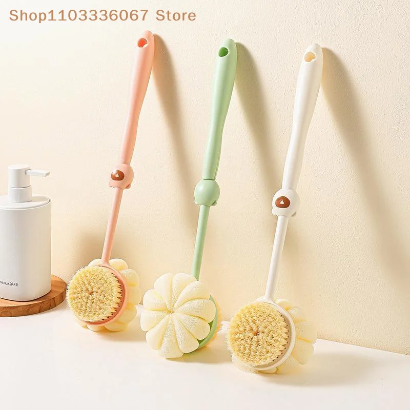 【HLS】2 In 1 Long Handle Bath Scrub Brush Soft Bristles Loofah Puff Exfoliating Massager for Home Daily Shower Care