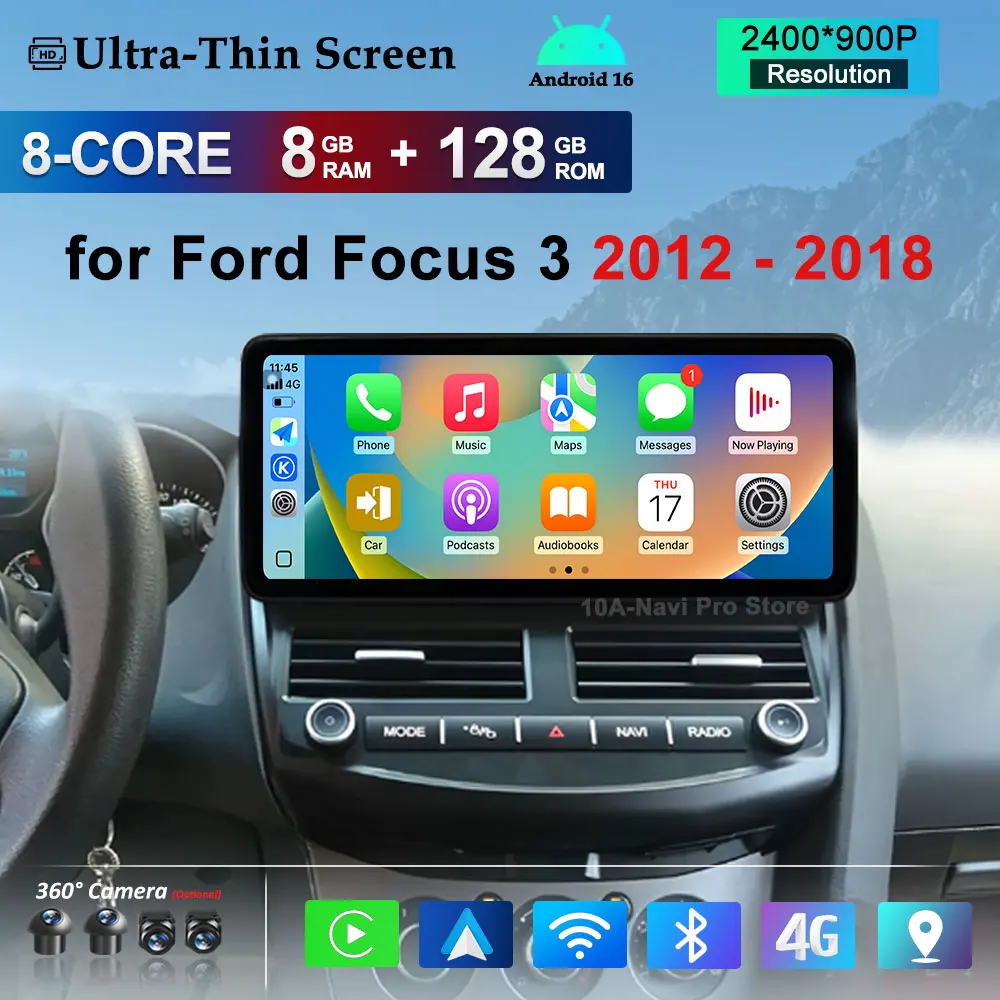 Android 16 GPS Navigation 12.3 inch for Ford Focus 3 2012 - 2018 4G DSP Stereo Car Radio Video Multimedia Player WiFi Bluetooth