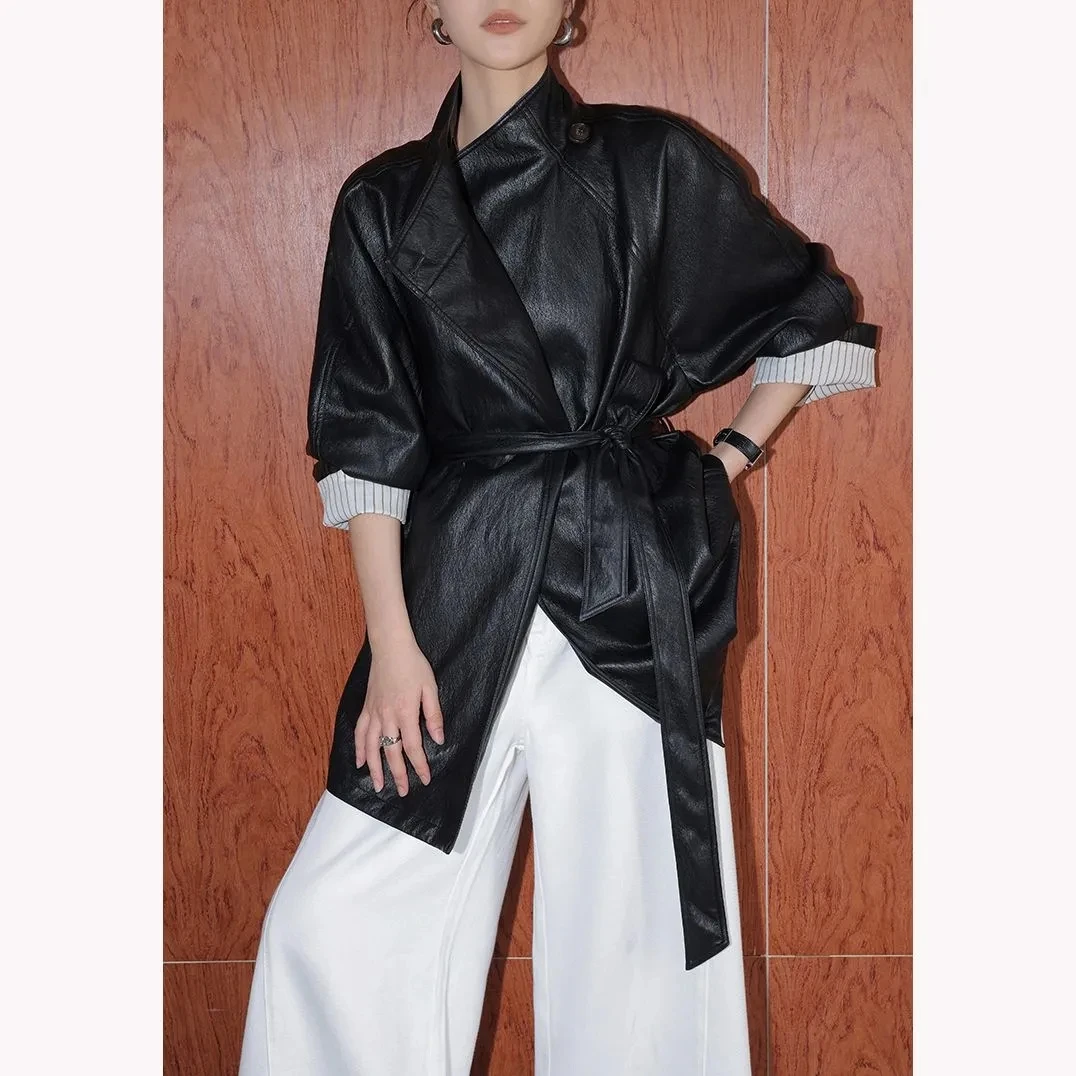 Black Medium To Long Leather Jacket Women's Early Morning High-end Feeling Retro Temperament Loose Jacket Coat