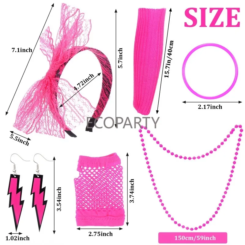 80s Fancy Dress Accessories Women Party Costume Set Adult Tutu Skirt Neon Fishnet Gloves Beaded Necklace Bracelet Earrings