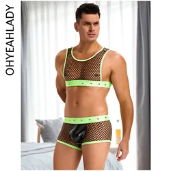 Ohyeahlady Mens Pajama Sets Plus Size Green Sissy Sleepwear Homme Hollow Rivet Fishnet Fetish Erotic Lenceria Sexy Lingеrie Sets