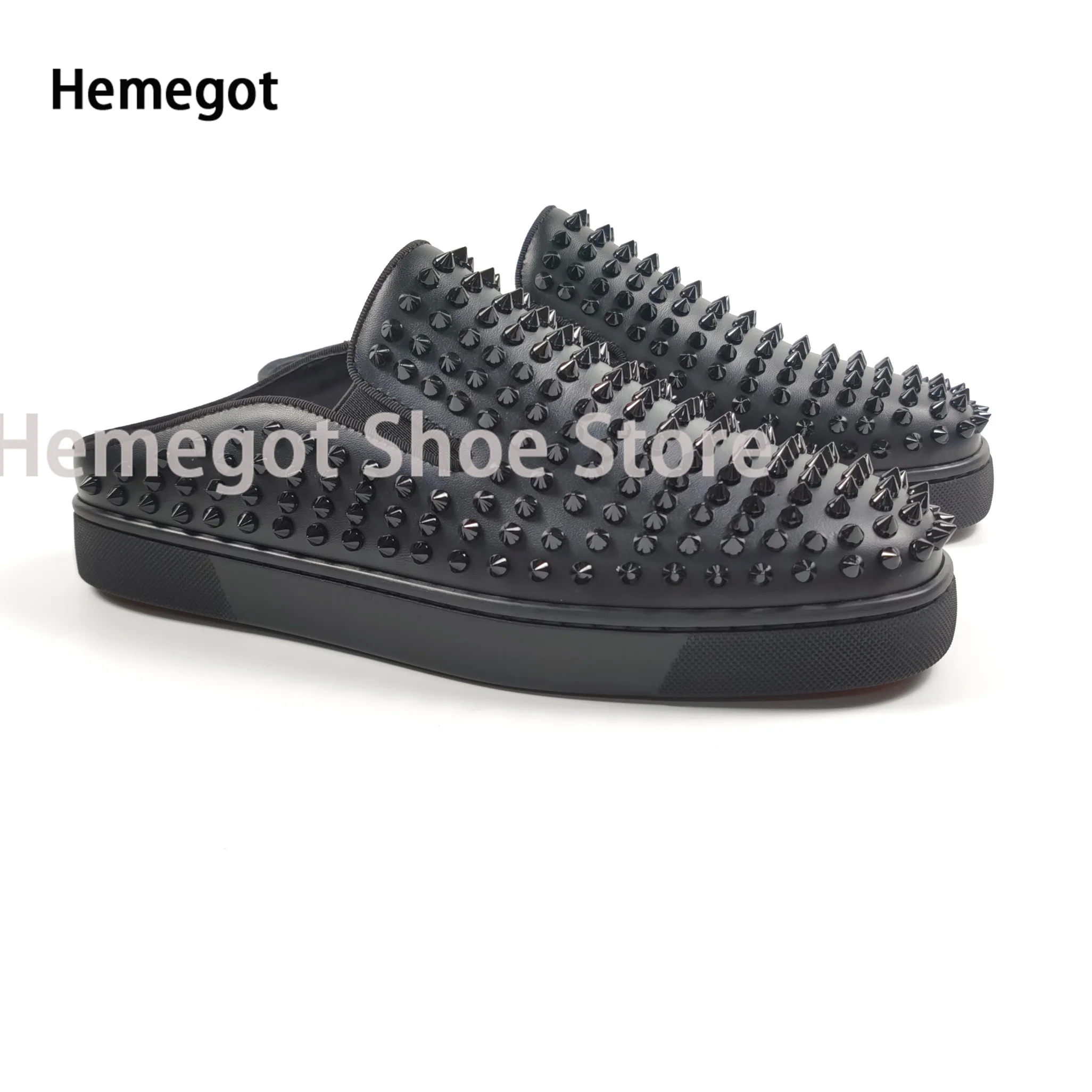 White Riveted Men's Slippers Leather Low Top Flat Casual Shoes Males Brand High Quality Black Rivets Thick Sole Loafers