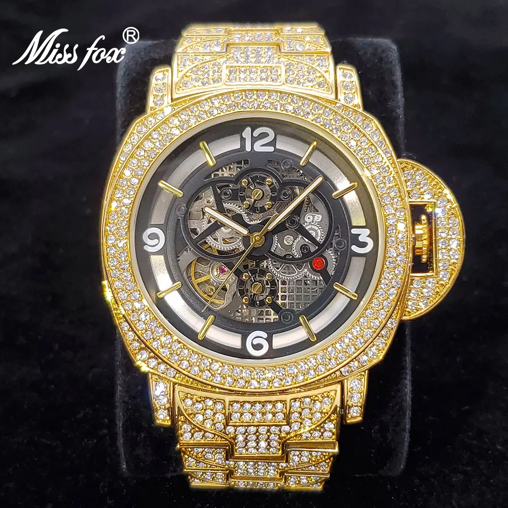 New Mechanical Watches Men Luxury Gold Tourbillon Automatic Relogio Masculino Classic Waterproof Hip Hop Diamond Hollow Watch