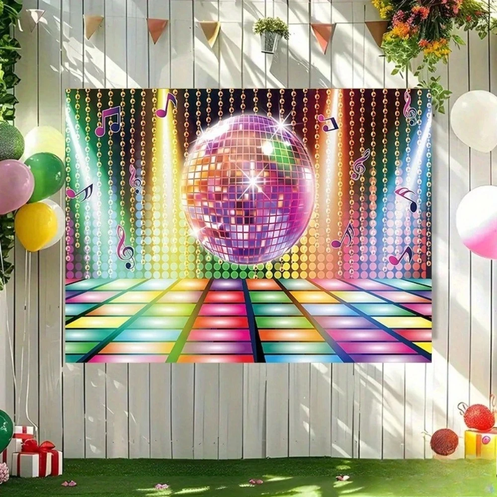 Disco Ball Notes Dance Floor Theme Banner Backdrop, Luminous Floor Style, Birthday Party Decoration Photography Background Cloth
