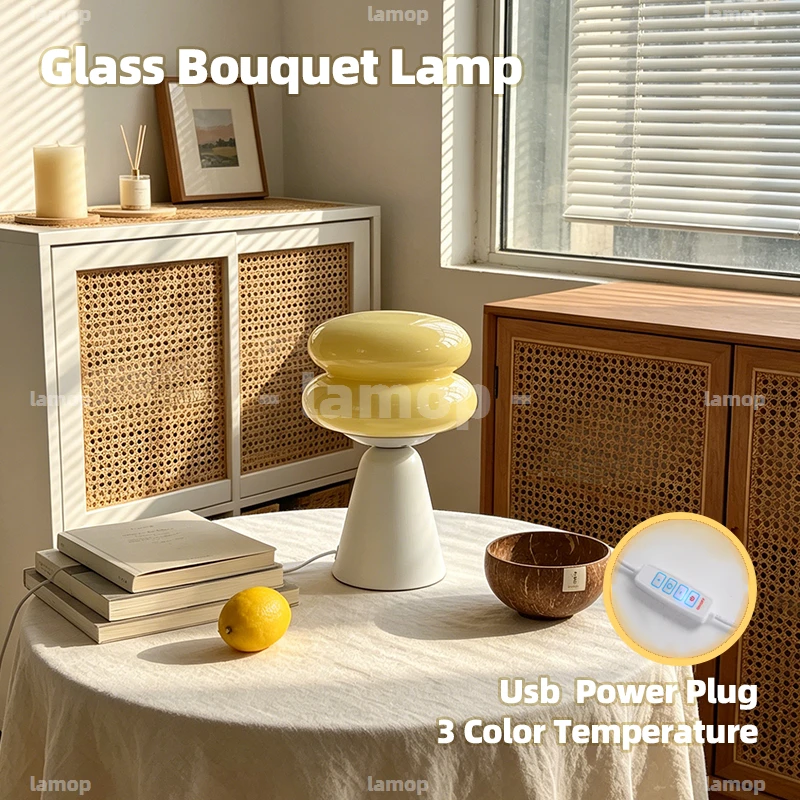 Glass Soft‑Glow Dual‑Stacked‑Oval Taper‑Base Table Lamp Pastoral‑Leisure Casual 3 Tone Mellow Radiance Nightstand Shelf Decor