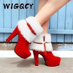 Winter Women Ankle Boots Christmas High Heels Platform Shoes Femme Warm Fur Short Boots Red Black Ladies Party Shoes Plus Size