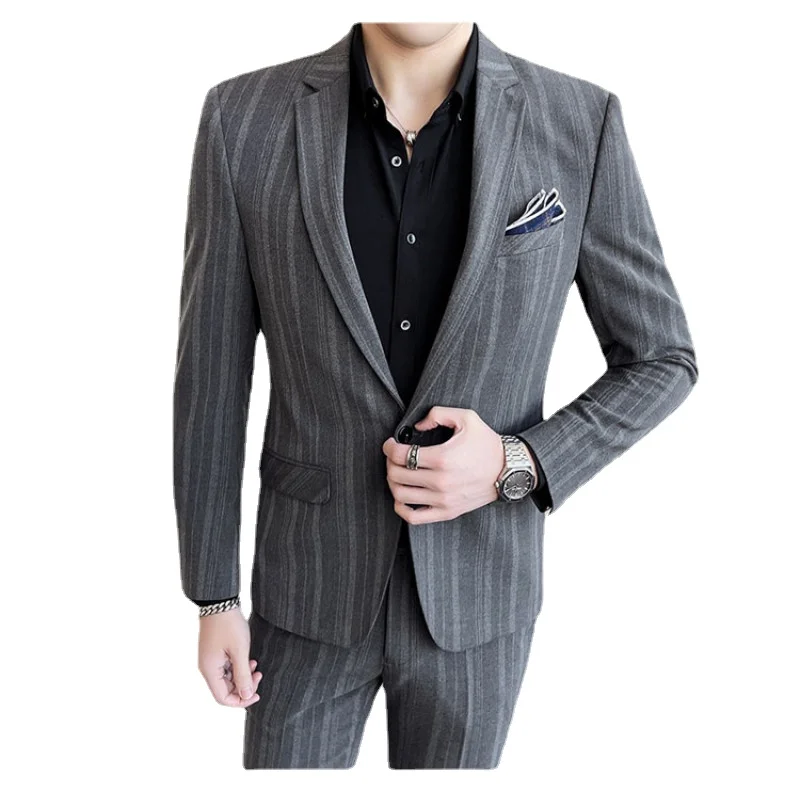 

2024-New (Blazer+ Pants) Men Gentleman Slim Business Trend Casual Stripes with British Style Personality Fashion Handsome Suit