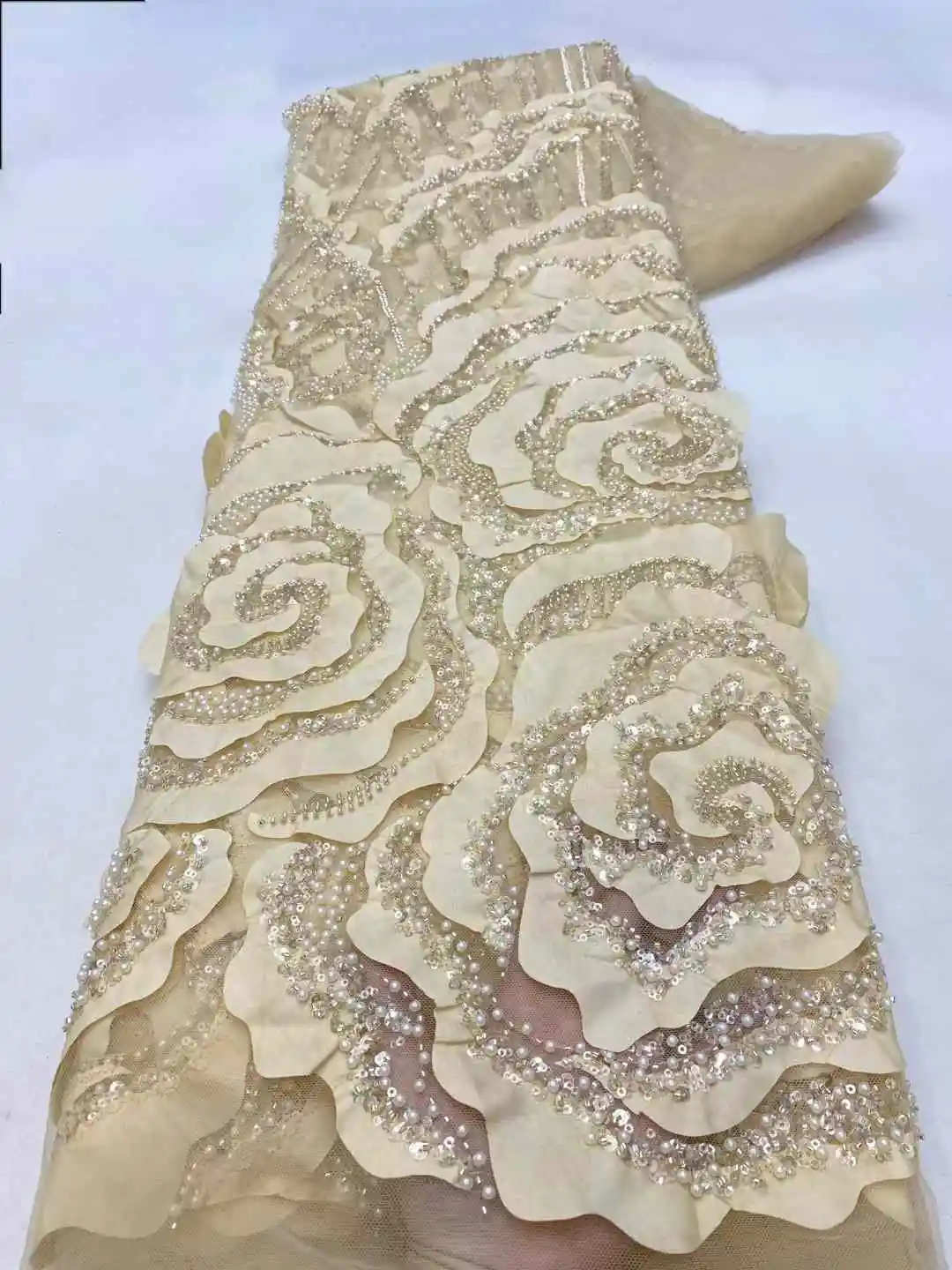 Luxury African Beads Lace Fabric French Sequins Fabric 2024 High Quality Sewing Embroidered Groom Lace Tulle Nigerian For Dress