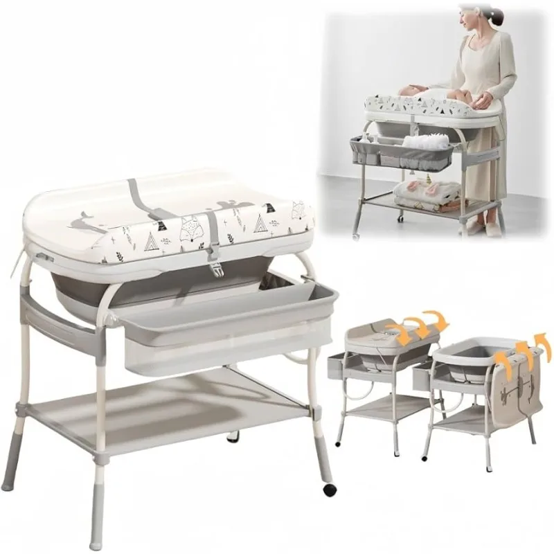 

2 in 1 Baby Bathtub with Changing Table Diaper Changing Station Portable Adjustable Height Nursery Organizer Storage for Newborn