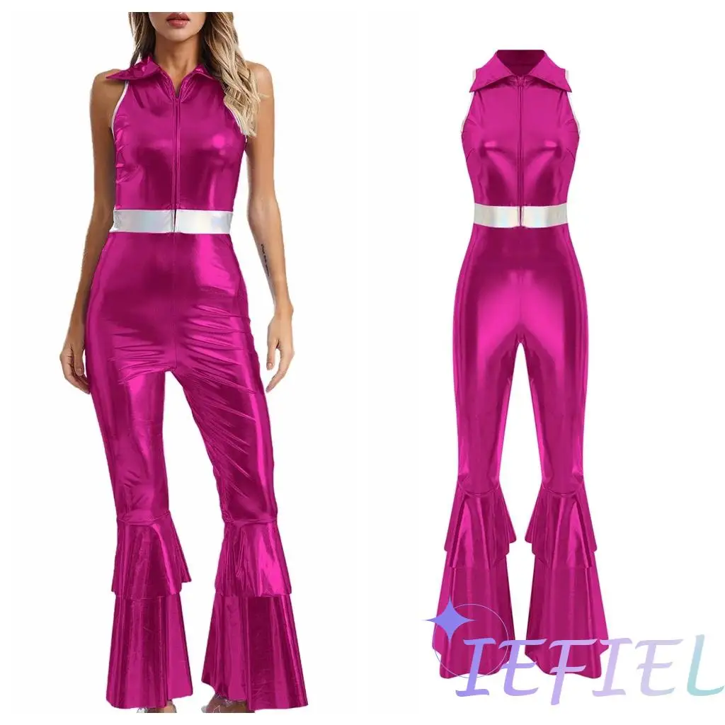 

Women Shiny Metallic 70s 80s Disco Prom Party Costume High Waist Flared Jumpsuit Disco Dance Singer Costume Fancy Dress Up