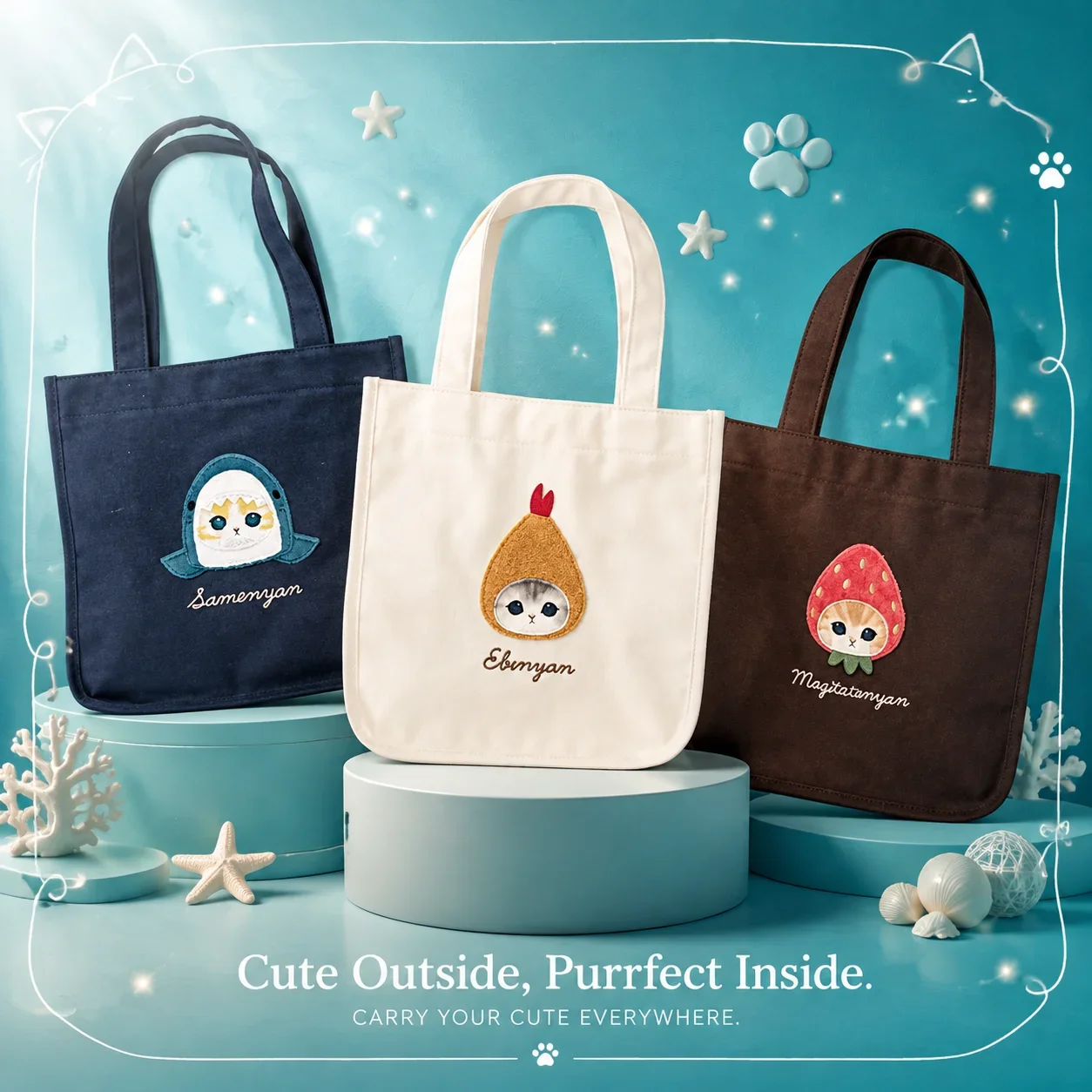 Bolso de Hombro de Lona Hecho a Mano con Diseño de Gato Tiburón, Estilo Mofusand Japonés, Nuevo y Lindo, Bolso Kawaii para Mujeres y Niñas