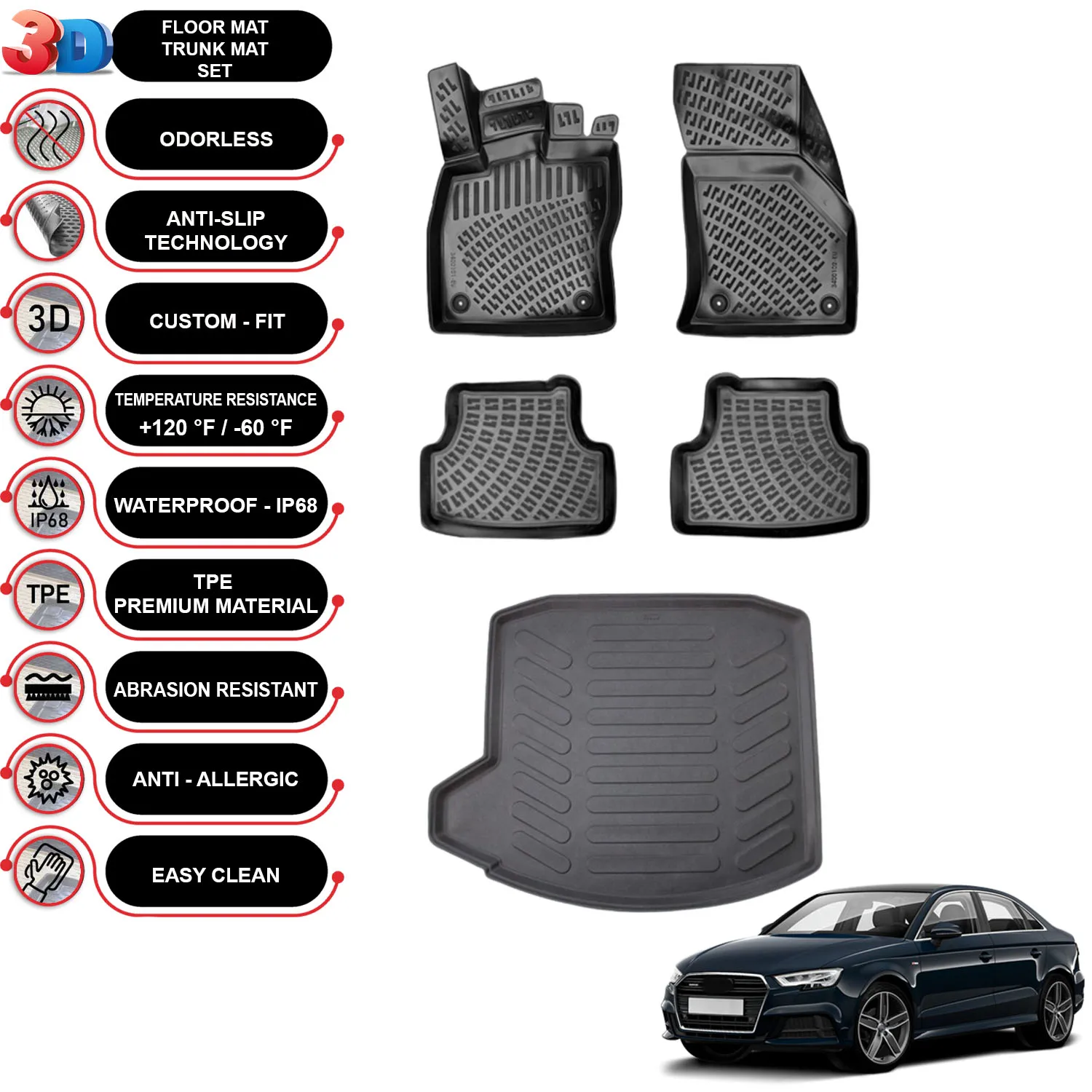 Audi A3 Sedan (2013-2020) - Floor Mats + Cargo Trunk Liner - SET - (Black)