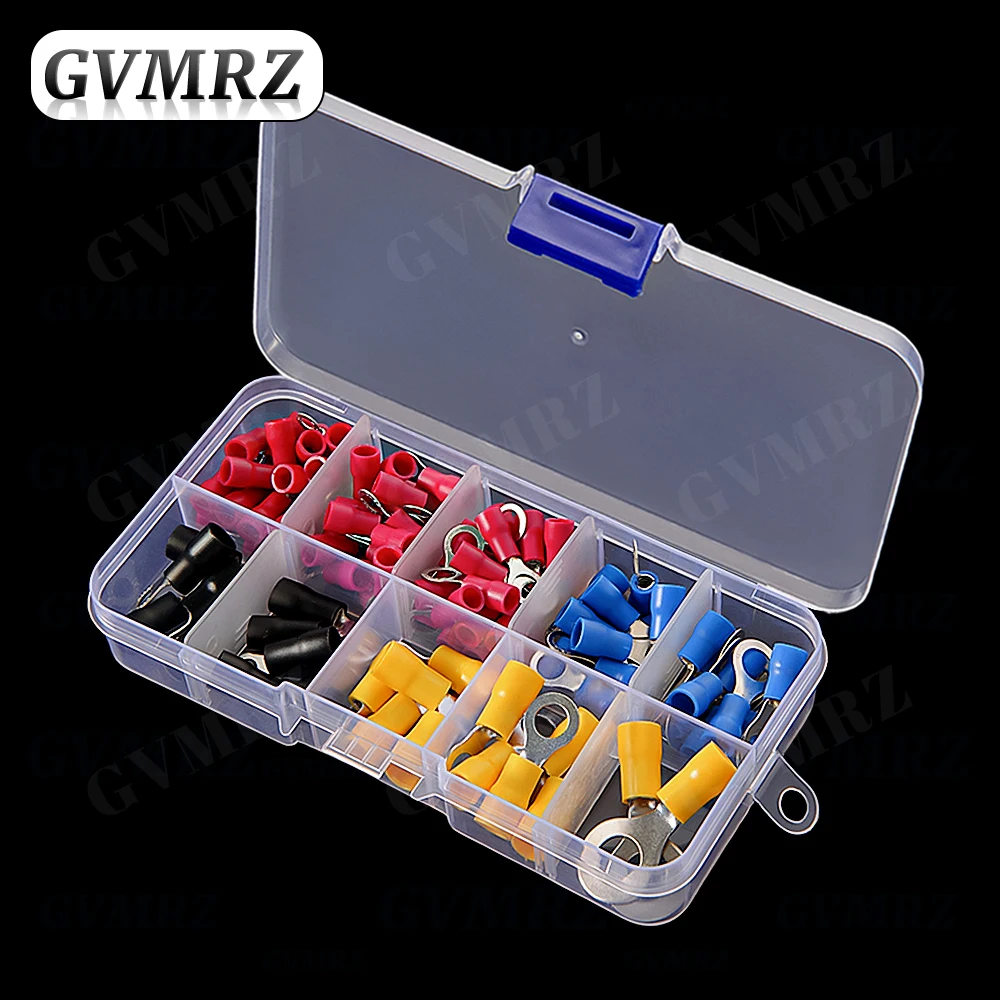 102PCS RV1.25 RV2 RV3.5 RV5.5 Insulated Electrical Wire Cable Connectors Ring Lugs Crimping Terminals Kit Red Yellow Black Blue