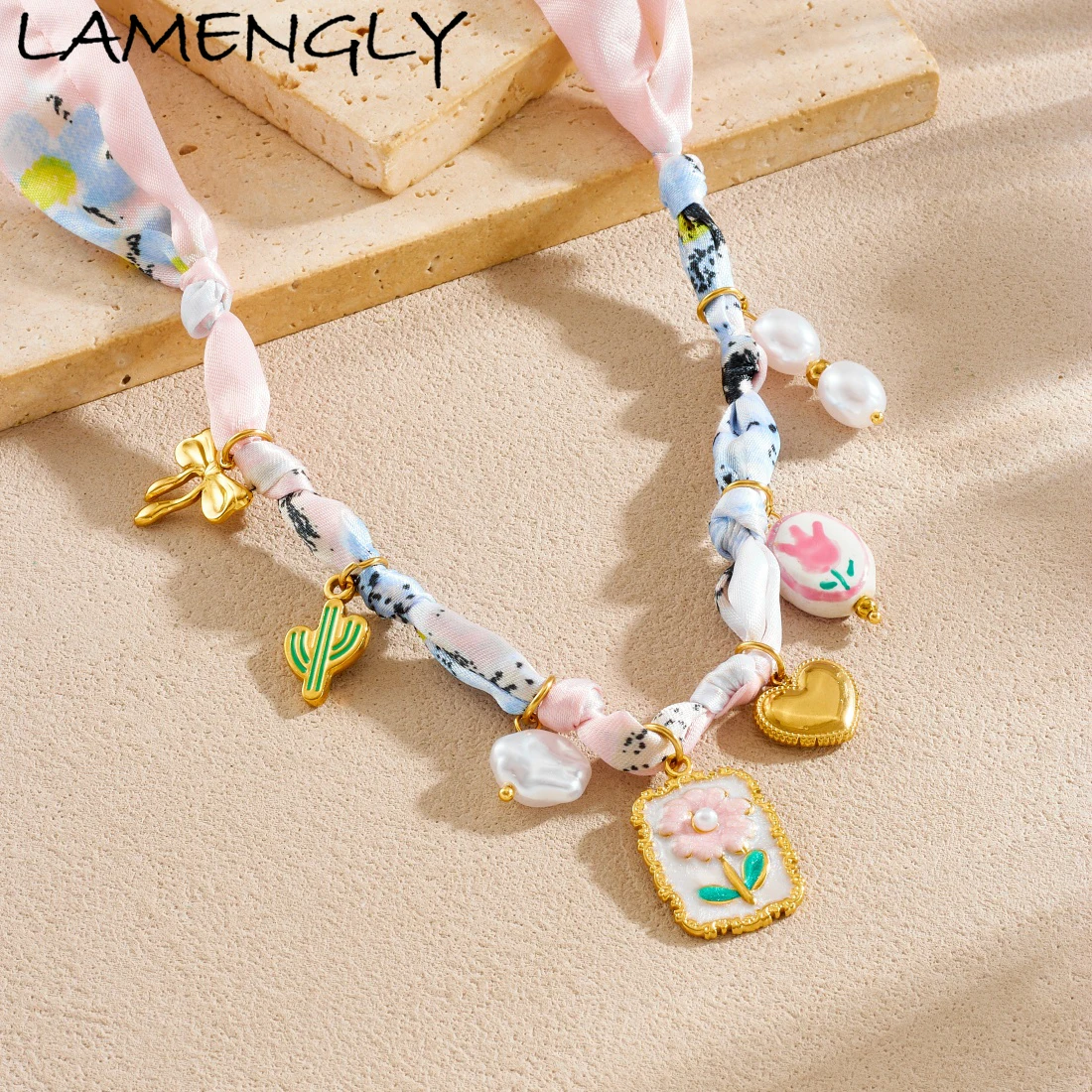 

LAMENGLY Charming Elegant Pink Ribbon Chain Bowknot Cactus Pearl Flower Heart Pendant Necklace Lady 316L Stainless Steel Jewelry