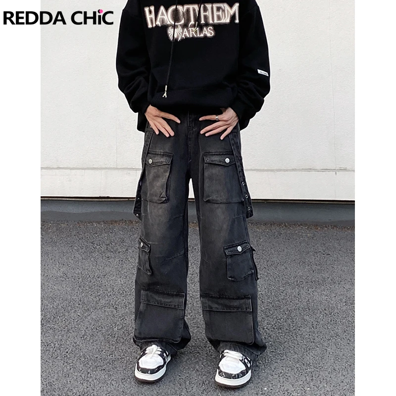 REDDACHIC Multi-pocket Vintage Cargo Jeans Men Wash Distressed Stitch Belt Low Waist Wide Loose Straight Pants Hiphop Streetwear