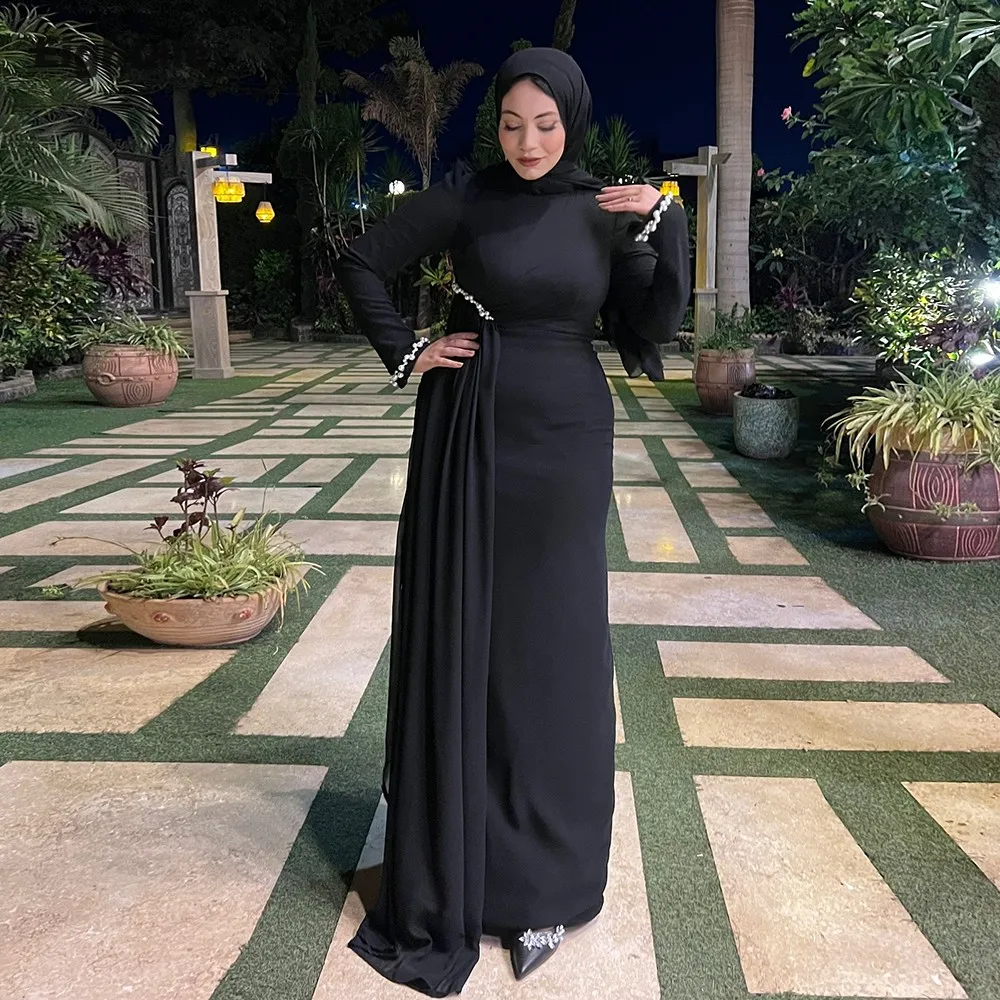 

Eightale Arabic Evening Dress High Neck Customized Beaded Long Sleeves Black Strethcy Muslim Prom Wedding Party Gowns