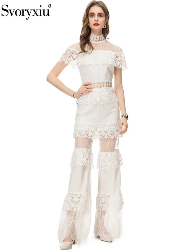 

Svoryxiu Fashion Designer Summer White Elegant Trousers Romper Women Stand Collar High Waist Net Yarn Embroidery Wide Leg Pants