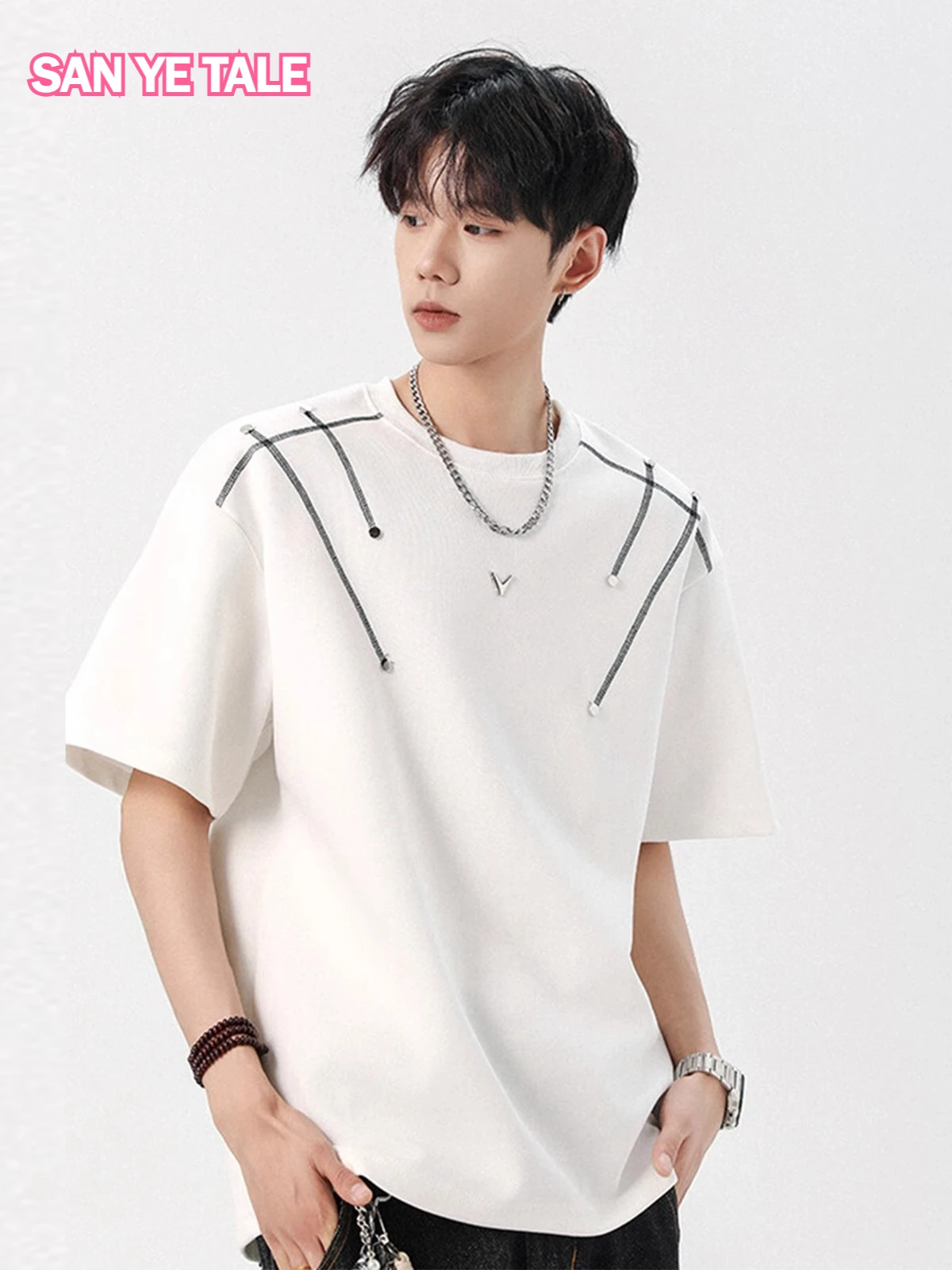 

Heavy Design Short Sleeved T-shirt Male Summer Striped Metal Decorative Top American Loose Casual Versatile Couple T-shirt