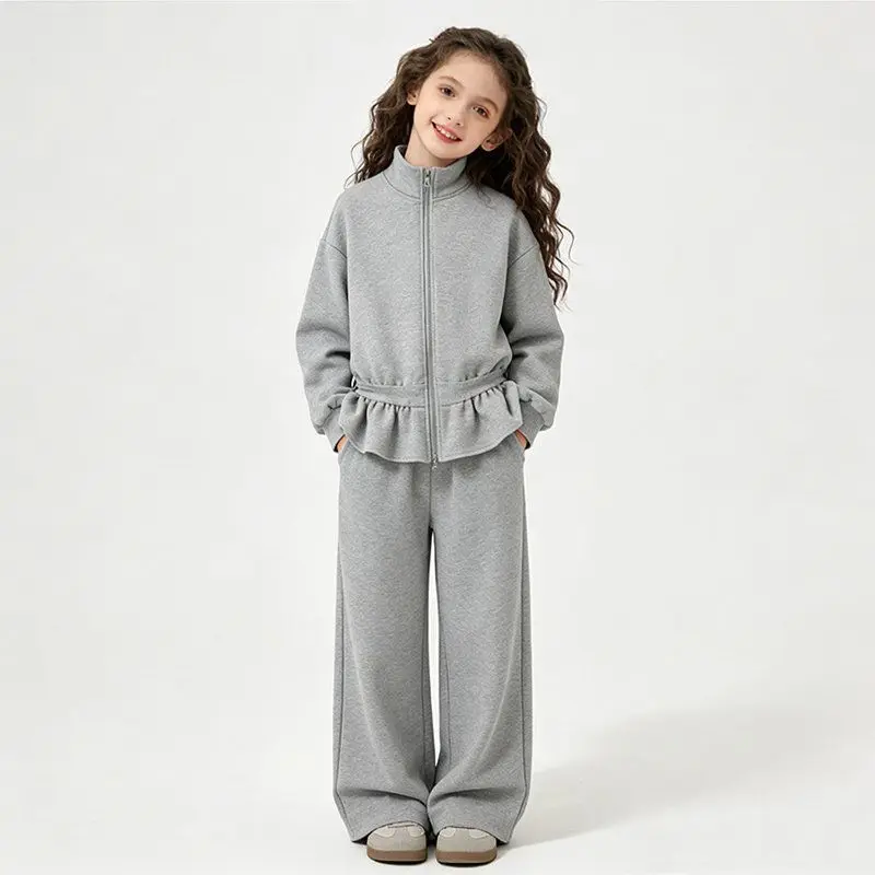 2026 spring grey blue kid Girls Cloth set Suit Child teens loose jacket sweatshirt top + straight pant Tracksuit 4 8 10 12 year
