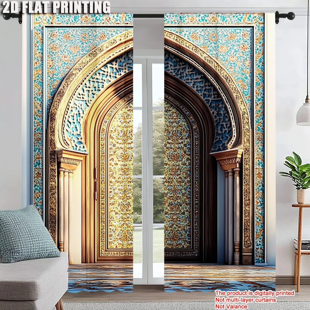 

2Pcs Vintage Moroccan Palace Door Print Window Curtains Polyester Material Rod Pocket Decorative Curtains For Entryway Living