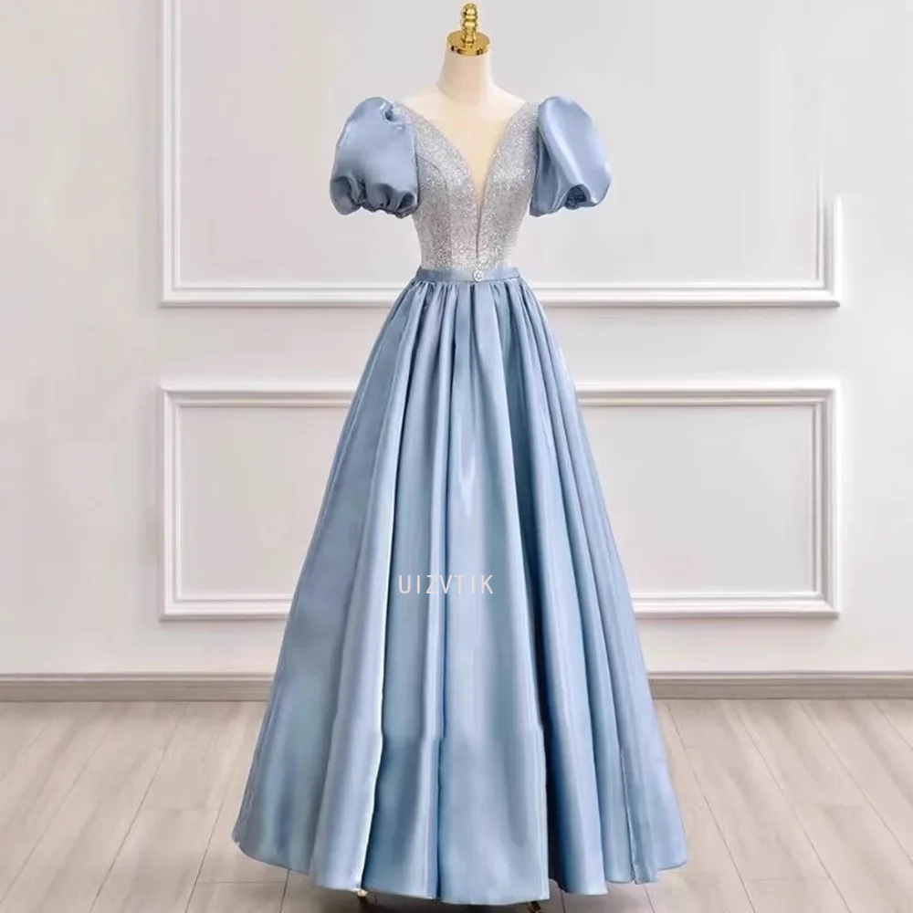 

Sky Blue Elegant Satin V Neck Evening Party Dress Women Puff sleeve Sleeves A-Line Prom Gown Robes De Soirée Customized Dresses